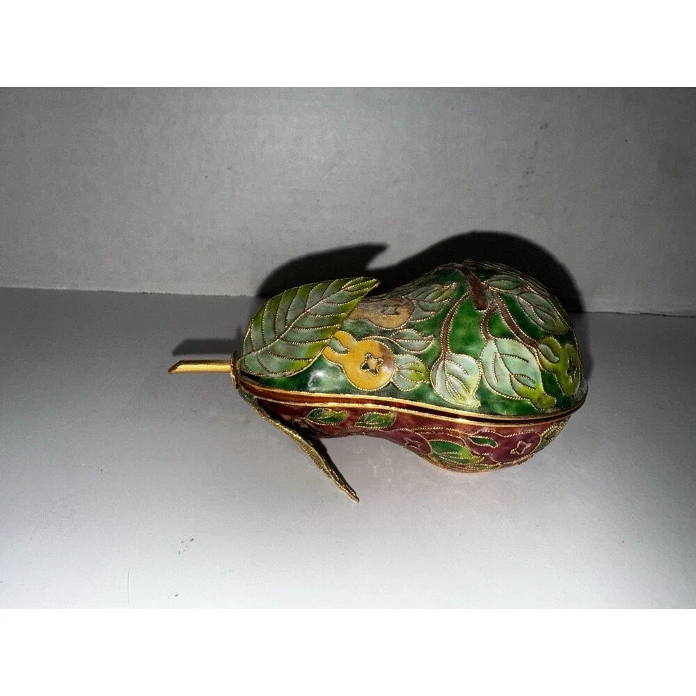 Vintage Cloisonné Pear Trinket Boxes Set of 3 Brass Enamel Lift-Off Lids